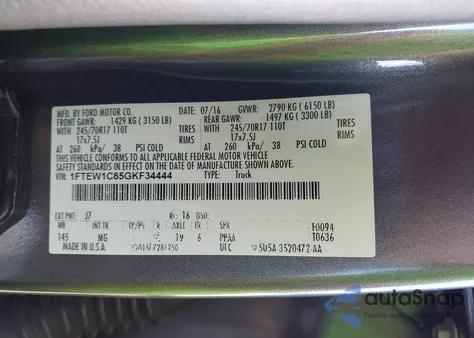 2016 Ford F-150 Xlt from USA, damaged, VIN 1FTEW1C85GKF34444